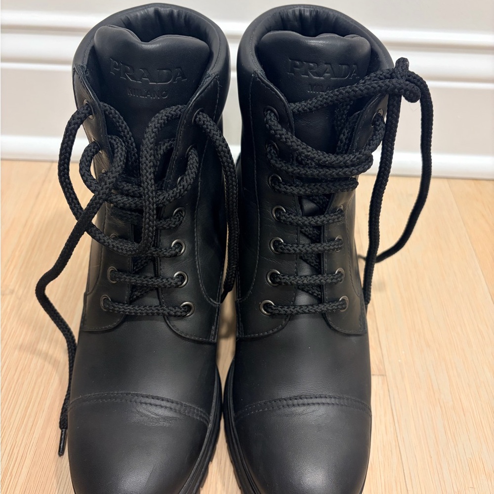 Prada Size 40 Black Italian Leather Lugsole Boots